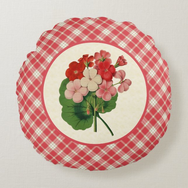 Vintage Geraniums with Pink Plaid Round Pillow (Front)