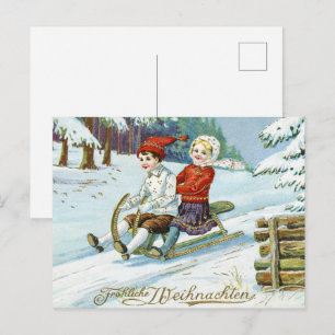 Vintage German Christmas Children Sledding Winter Postcard