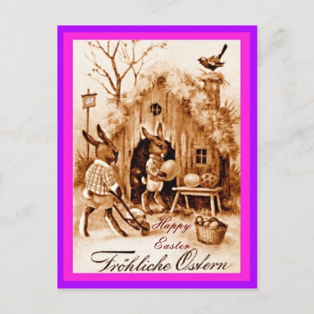 Vintage German Easter Bunny Scene (altered copy) Postcard (Front)