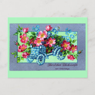 Vintage German flowers car Happy Birthday Postcard