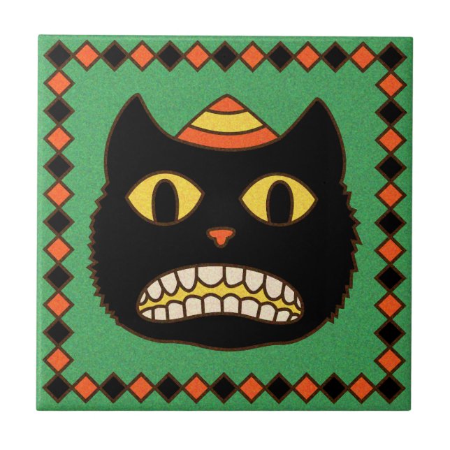 Vintage German Halloween Black Cat Tile (Front)