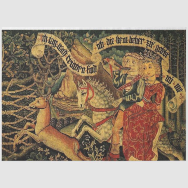 Vintage German Mediaeval Love Hunting Decoupage Tissue Paper (Front)