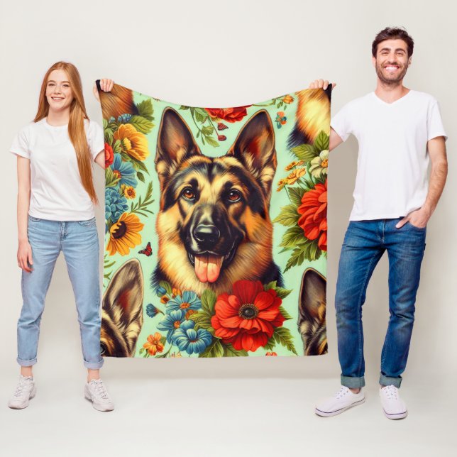 Vintage German Shepherd Floral Fleece Blanket (In Situ)