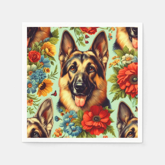 Vintage German Shepherd Floral Napkin (Front)