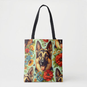 Vintage German Shepherd Floral Tote Bag