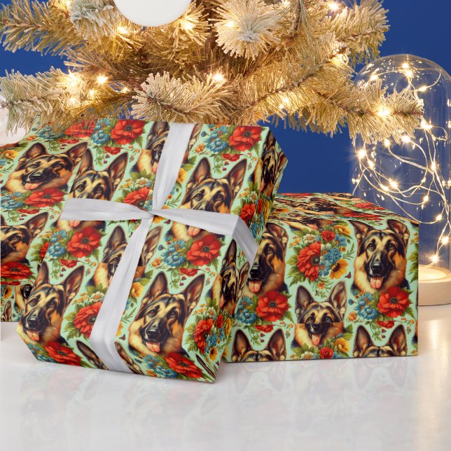 Vintage German Shepherd Floral Wrapping Paper (Holidays)