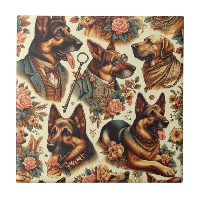Vintage German Shepherd Illustration Tile (Front)