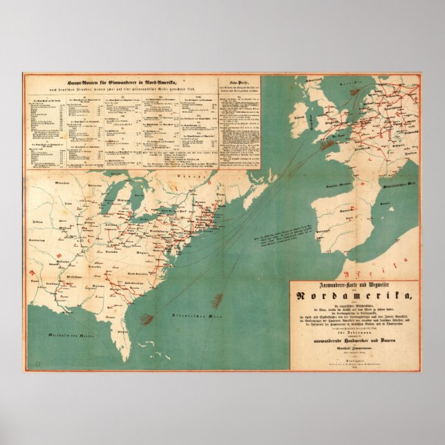 Vintage German US Immigration Map (1853) Poster (Front)