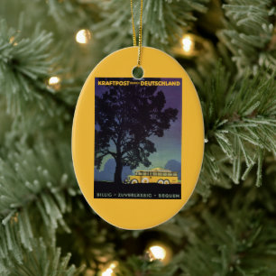Vintage Germany, Yellow Bus at Night, Travel Art Ceramic Tree Decoration