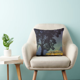 Vintage Germany, Yellow Bus at Night, Travel Art Cushion