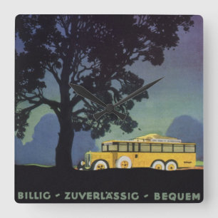Vintage Germany, Yellow Bus at Night, Travel Art Square Wall Clock