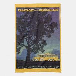 Vintage Germany, Yellow Bus at Night, Travel Art Tea Towel