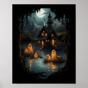 Vintage Ghost And Skeleton Scary Skeleton Hallowee Poster