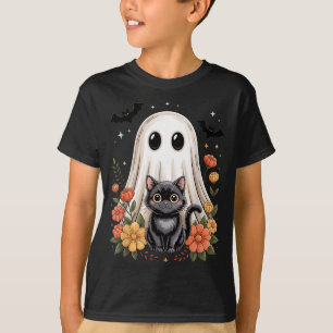 Vintage Ghost Black Cat Floral Halloween Spooky T-Shirt