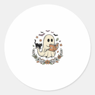 Vintage Ghost Cat Halloween Floral Vector Design_1 Classic Round Sticker