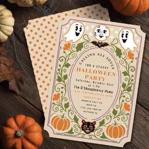 Vintage Ghost Cat Pumpkin Halloween Party Invitation