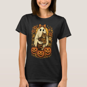 Vintage Ghost Holding Bengal Cat with Pumpkins Hal T-Shirt