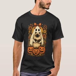 Vintage Ghost Holding Himalayan Cat with Pumpkins  T-Shirt
