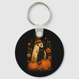 Vintage Ghost Witch Hat Black Cat Pumpkin Key Ring