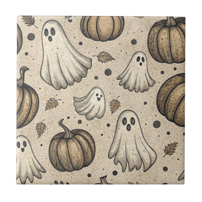 Vintage Ghosts & Pumpkins Halloween Pattern (2) Tile (Front)
