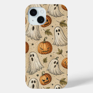 Vintage Ghosts & Pumpkins Halloween Pattern iPhone 15 Case