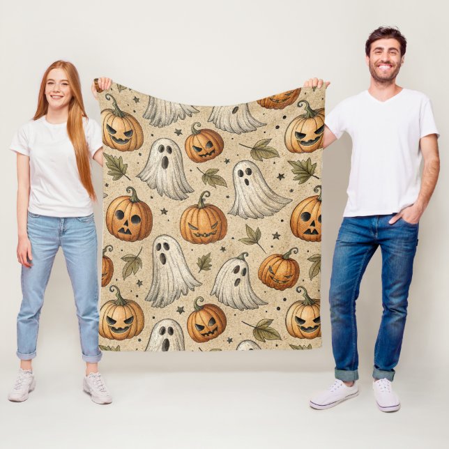 Vintage Ghosts & Pumpkins Halloween Pattern Fleece Blanket (In Situ)