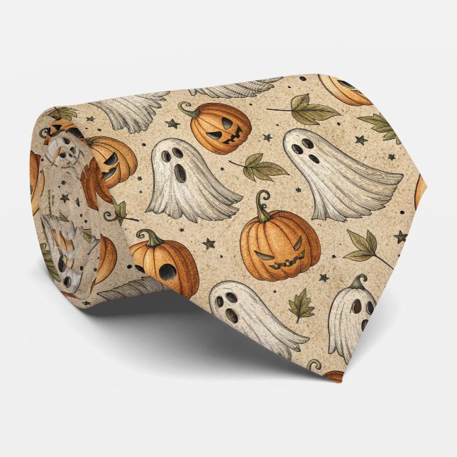Vintage Ghosts & Pumpkins Halloween Pattern Tie (Rolled)