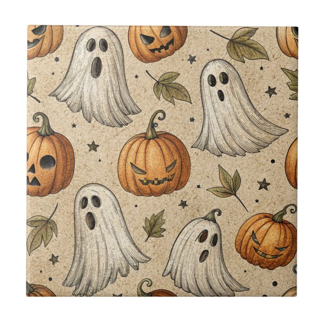 Vintage Ghosts & Pumpkins Halloween Pattern Tile (Front)