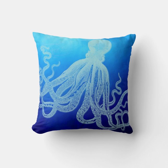 Vintage Giant Octopus in Deep Blue Ocean Cushion (Front)