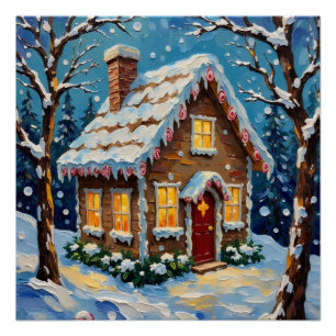 Vintage Gingerbread House in Enchanted Winter Poster