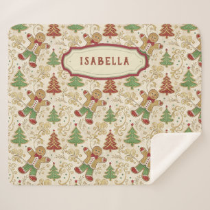 Vintage Gingerbread Man & Christmas Trees Custom Sherpa Blanket