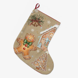 Vintage Gingerbread Man, House, Tree, Christmas Large Christmas Stocking