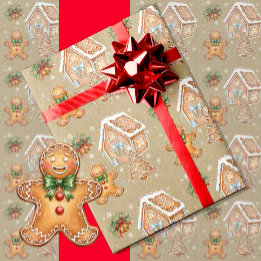 Vintage Gingerbread Man, House, Tree, Christmas  Wrapping Paper