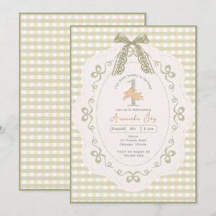 Vintage Gingham Bunny First Birthday Invitation