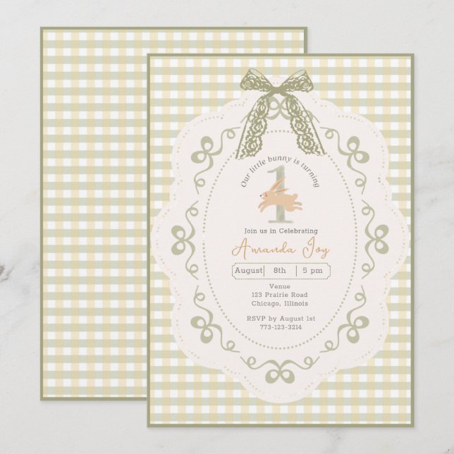 Vintage Gingham Bunny First Birthday Invitation (Front/Back)