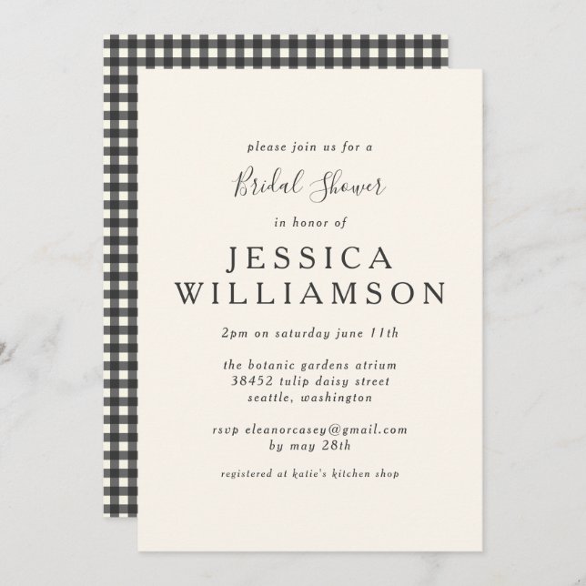 Vintage Gingham Plaid Black White Bridal Shower Invitation (Front/Back)