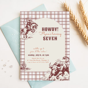 Vintage Gingham Western Cowboy Rodeo 7th Birthday Invitation