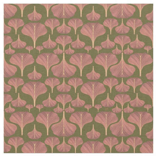 Vintage Gingko Green Floral Pattern Fabric (Close Up)