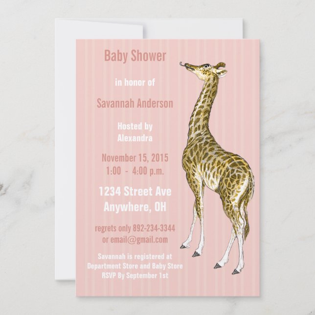 Vintage Giraffe Baby Girl Shower Invitations (Front)
