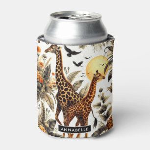 Vintage Giraffe Floral Watercolor Can Cooler