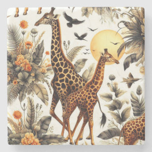 Vintage Giraffe Floral Watercolor Stone Coaster