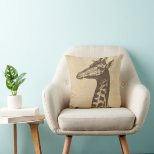 Vintage Giraffe Illustration on Burlap  Cushion