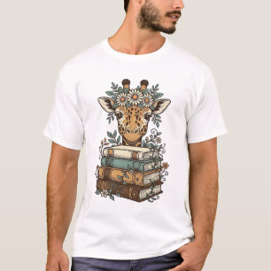 Vintage Giraffe Reading Books Floral Shirt Design_