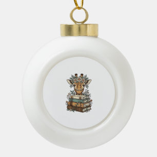 Vintage Giraffe Reading Books Floral Shirt Design_ Ceramic Ball Christmas Ornament