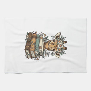 Vintage Giraffe Reading Books Floral Shirt Design_ Tea Towel