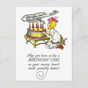 Vintage Girl and Birthday Cake Postcard