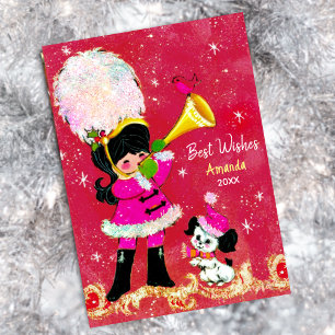 Vintage girl and dog Christmas new year greeting Holiday Card