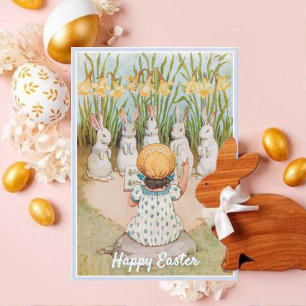 Vintage Girl and Easter Bunnies Singing Holiday Card