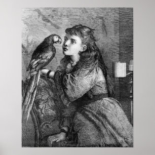 Vintage Girl and Parrot Etching Poster