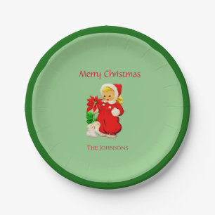 Vintage Girl and Rabbit Christmas Paper Plates